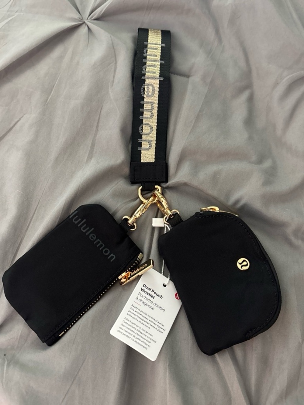 lululemon athletica Black Dual Pouch Wristlet with Gold Accents